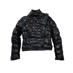Bebe Women's Black‎ Asymmetric Puffer Jacket Moto Quilted Coat Glossy Size M